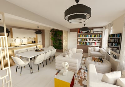 a living room with a table and chairs