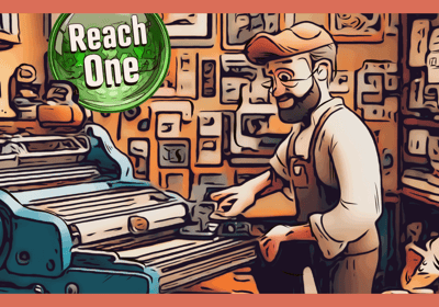 Old cartoon man working the printing press at the Reach One Media studio.