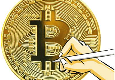 Cartoon hand drawing a Bitcoin image token.