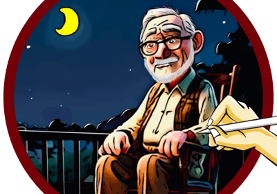 Cartoon picture of old storyteller sitting on his front porch under the evening moon.