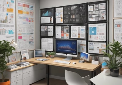 A woman with long hair is writing on a whiteboard. She is using sticky notes and markers to organize and plan a strategy. The board has various handwritten notes and symbols related to marketing and digital education.