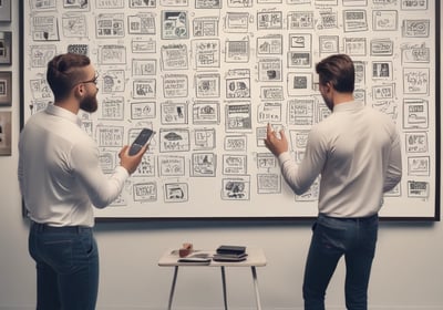 Two people are standing in front of a whiteboard that has a weekly schedule for social media content. The board is divided into sections for Twitter, TikTok, Instagram, and Facebook, with sticky notes indicating different content themes for each day of the week. One person is pointing at the board, while the other holds a red marker.