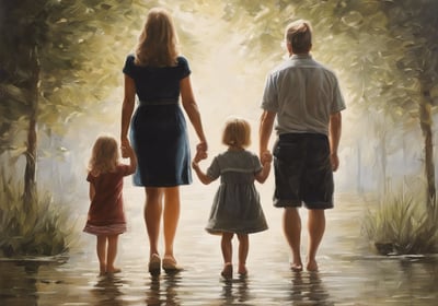 father, mother, and son standing on grass lawn near at body of water during daytime