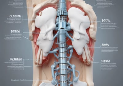 A detailed anatomical model of a kidney is placed on a light blue fabric surface. The model shows the internal structures including the renal cortex and other features highlighted in red and yellow. The model includes a ureter extending from the kidney.