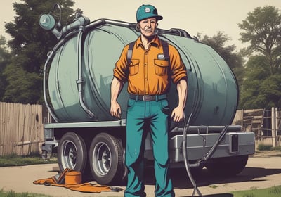 A sanitation worker wearing an orange uniform and hat stands next to a garbage truck and several trash bins. The truck and bins are situated in an urban area, possibly near shops or eateries, as a sign for a food place is visible in the background. The atmosphere appears overcast.