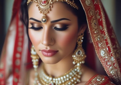 A makeup artist is applying cosmetics to a woman with long hair. They are in an indoor setting with blurred background elements, possibly a salon or a professional event. The photo is in black and white.