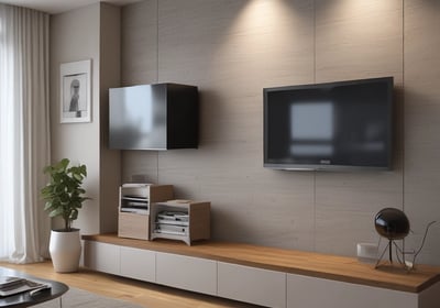 A modern interior scene with a focus on sleek furniture, including an orange armchair, a light green sofa, and a small round glass table. Large windows offer a view of a cityscape, allowing plenty of natural light to flood the space. The architecture features clean lines and concrete elements, contributing to a minimalist aesthetic.