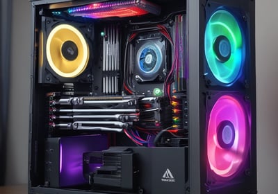 An open computer case with visible internal components, including a cooling fan, a Corsair liquid cooler, MSI graphics cards, RAM modules, and a power supply unit. The components are neatly arranged with power and data cables connected to different parts.