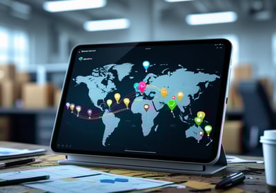 a laptop computer screen displaying a map of the world