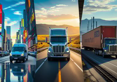 a truck driving down a city street with a truck