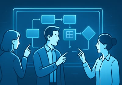 a group of people standing around a board board discussing Ai projects