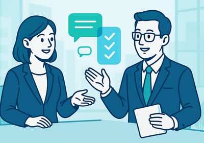 a man and woman sitting at a table with a speech bubble discussing ai