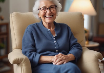 An elderly hand gently rests on top of another, creating a sense of care and companionship. The nails are neatly manicured with a pale color. The background is softly blurred, suggesting an intimate and personal setting.