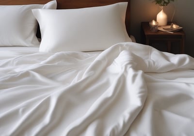 A neatly arranged bed with white sheets and pillows, conveying a sense of cleanliness and order. The fabric appears soft and inviting, suggesting comfort and relaxation.