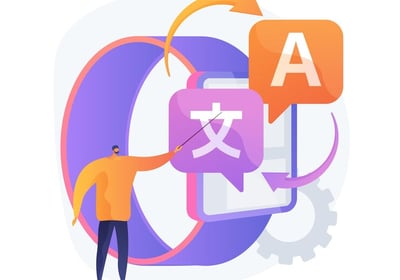 Personne pointant vers des icônes de traduction et de symboles linguistiques.