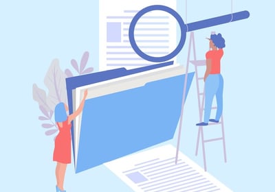 Illustration de deux personnes analysant un graphique avec une loupe.