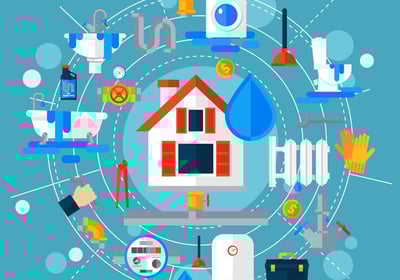 Illustration d'une maison entourée d'icônes représentant diverses tâches domestiques.