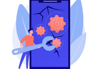 Illustration d'une personne réparant des engrenages sur un écran de smartphone.