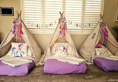teepee slumber hire unicorn dreams theme with balloon garland