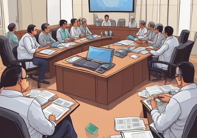 A professional consultation setting with a medical professional sitting at a desk facing a client. The room has a modern aesthetic with white walls decorated with framed certificates. The desk is organized with office supplies, a laptop, and a fruit bowl in the center.