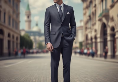 a man in a suit and tie standing in a city street