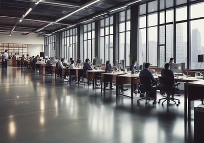 a man sitting at a desk in a large room