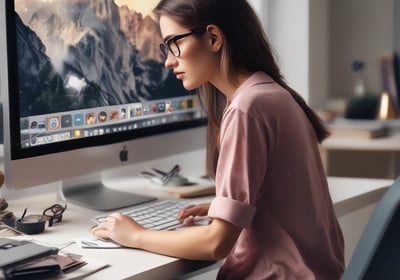 A person is embroidering a colorful image onto fabric, with close detail on the handwork. The scene appears vibrant with intricate patterns being stitched. The person's hands are in focus, working delicately with the needle and thread.
