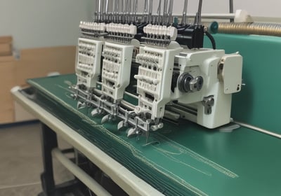 A heavy-duty industrial sewing machine is placed on a table, with a large spool of white thread positioned in the background. Scissors and a few crafting tools are laid out on the table next to the machine. There is a caution sign on the machine, indicating safety instructions. The background features a light blue wall, contributing to a clean and organized workspace appearance.