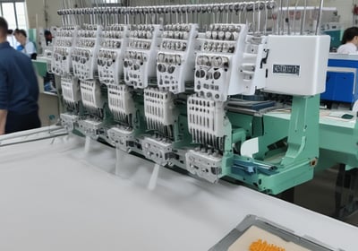 An industrial setting with multiple large textile weaving machines placed in a row, surrounded by packages and various materials. The machines are primarily blue and white, featuring several moving components and long rollers. The area is well-lit by overhead lights and is spacious with a concrete floor.