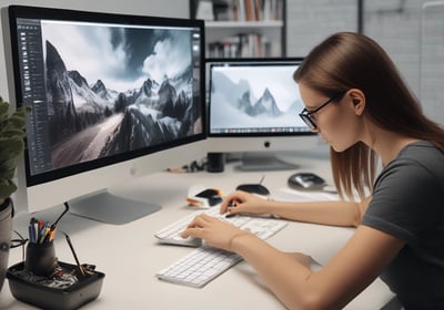 A close-up view of a sewing machine needle and presser foot, with visible stitching thread. The sewing machine is positioned on a work table, and there are subtle shadows on the surface.