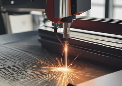 A close-up of a sewing machine needle threading through a piece of black fabric. The metallic needle and foot are in focus, while the background is dark and blurred.