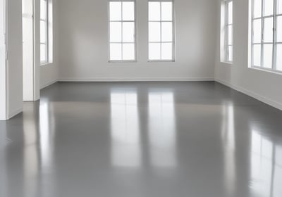 A busy garage area featuring several race cars with vivid decals and sponsorships. Mechanics and crew members work around the vehicles, indicating preparation or maintenance activities. The ceiling is lined with fluorescent lights, and various automotive equipment and tools are visible in the background. The scene is set in an industrial, utilitarian space, with a focus on motorsport.