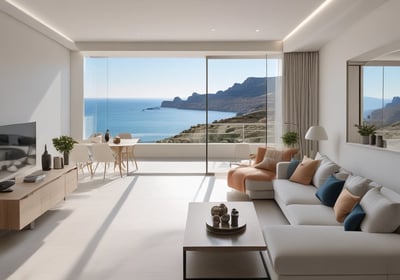 A coastal area features a collection of luxury homes set on a hillside. The houses vary in architectural style and are surrounded by lush greenery and tall palm trees. Below the homes, a marina is visible with several boats docked along the wooden piers extending into deep blue water. The sky above is partly cloudy, creating a relaxed and inviting atmosphere.