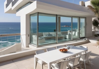 A luxury white villa with large windows and a green roof is situated on a scenic hillside. A man in sunglasses and swimwear is casually seated on a wooden railing, enjoying the warm sun.