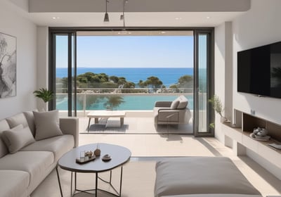 A luxurious two-story house with a white facade and wrap-around balcony overlooking a pristine swimming pool in the foreground. Tropical plants and trees surround the property, enhancing the serene atmosphere. The modern extension on the right side features large windows and wooden paneling.