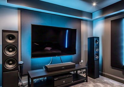 smart tv mounted on the wall with a modern sound system
