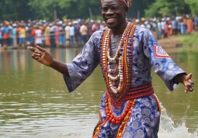 A celebratory crowd is gathered with individuals wearing colorful costumes and hats. Some participants are holding up phones to capture the event. Distinctive elements include a large decorative sun-shaped object with text panels, and a woman in a white outfit with long braids and blue ribbons.