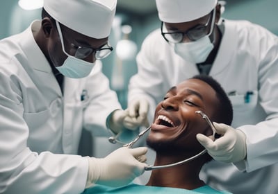 Two dental professionals perform a procedure on a patient. One is wearing specialized eyewear and is focused on using a dental instrument. The patient lies in a dental chair, wearing a protective bib.