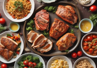 A variety of gourmet dishes are artistically arranged on a wooden table. A black cast iron skillet contains seafood including shrimp and mussels accompanied by a slice of toasted bread. Nearby, a white plate holds a creamy dish adorned with a small garnish. A rectangular black platter features meat or poultry pieces with sesame seeds and greens. At the bottom of the image, a stoneware dish presents sliced meat served in a flavorful sauce with garnishes of greens and red chili peppers. Two glasses of wine, one white and one red, complement the dining setup.
