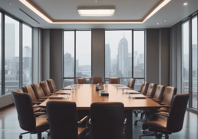 A conference room setting with several laptops on a large table, each being used by a person. A large screen displays a blue interface with the text 'Generate ad creatives from any website with AI'. A stainless steel water bottle and a conference phone are also visible on the table.