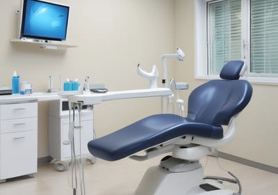 A dental professional wearing a face mask examines a product brochure. The background contains various dental care products including mouthwash and toothpaste packaging placed on a counter. The setting appears to be a dental clinic with a dental chair visible.