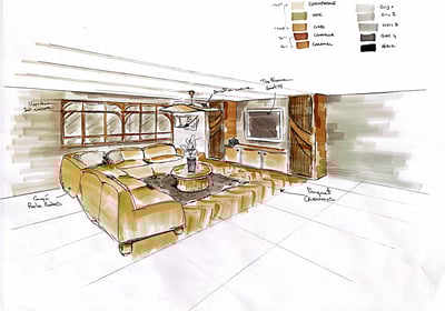 Croquis de perspective d'un salon d'un projet de HOJE STUDIO