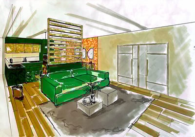 Croquis de perspective d'un salon d'un projet de HOJE STUDIO