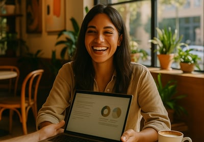Una mujer sonriente revisa en su negocio el material entregado en un móvil o tablet