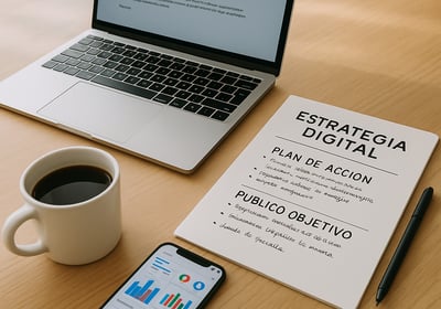 Pizarra con calendario de contenidos, planificación de redes sociales y objetivos de campaña