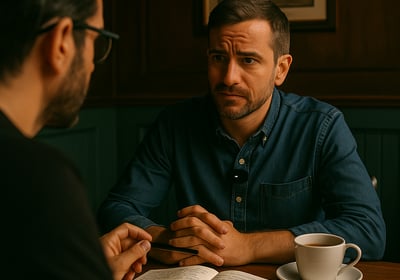 Dos personas reunidas en una cafetería local, conversando sobre un proyecto de marketing