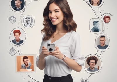 A hand holding a smartphone displaying a webpage titled 'Creating a Brand' with navigation options like Home, Discovery, Members, and Topics. The background is out of focus, providing a neutral setting.