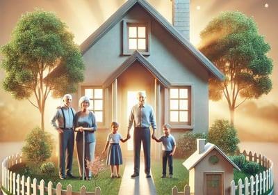 a family standing in front of a house