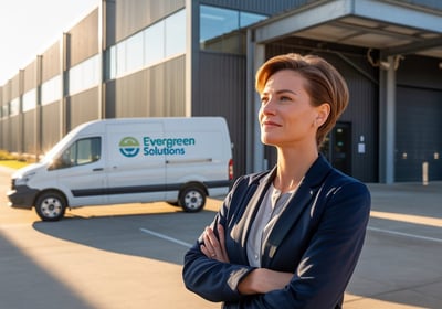 Mujer empresaria segura frente a nave industrial, reflejando liderazgo y visión.