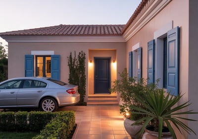 Casa mediterránea con luz cálida al atardecer que transmite seguridad y hogar.